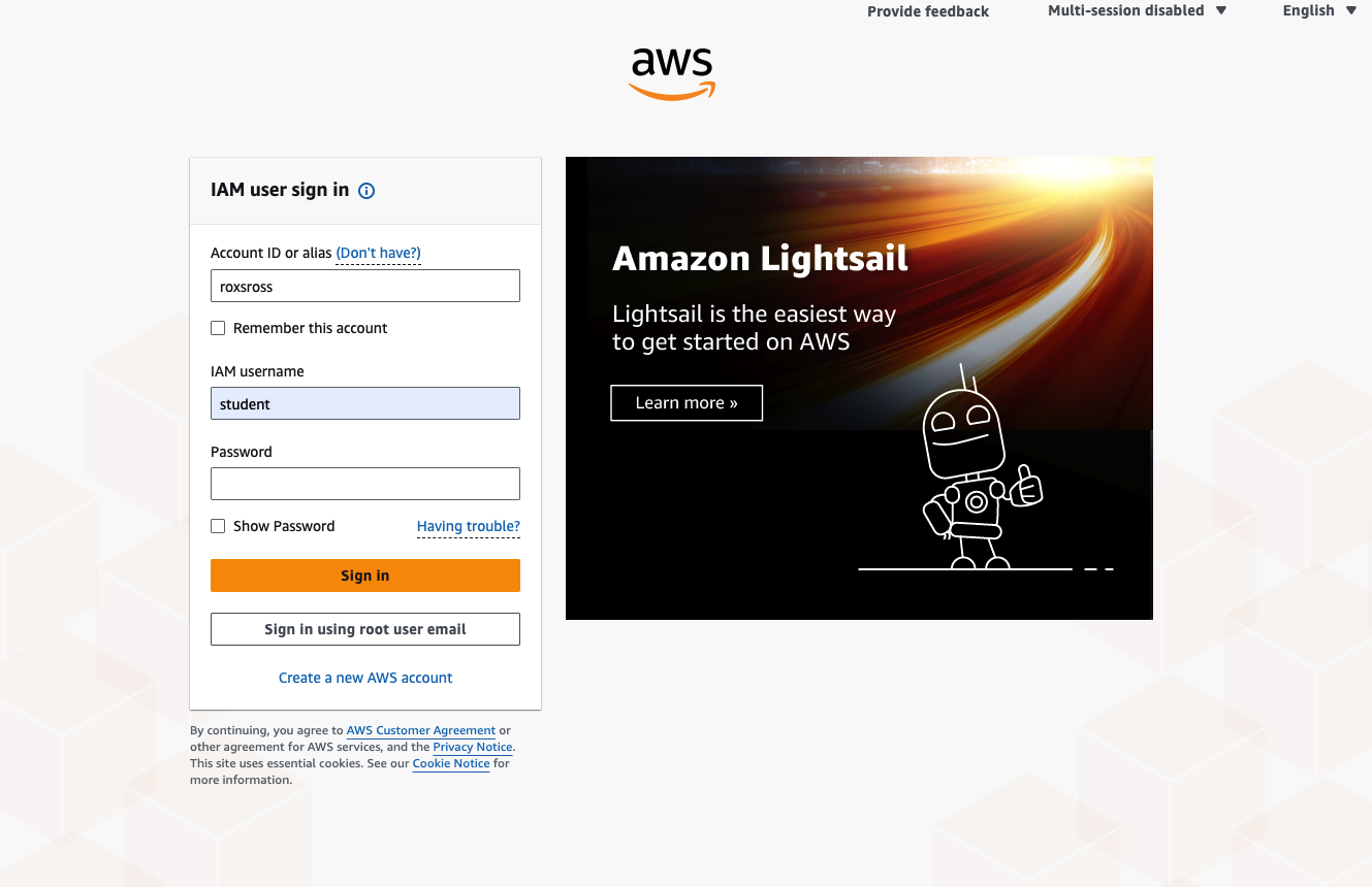 Pantalla de ingreso a la consola de AWS